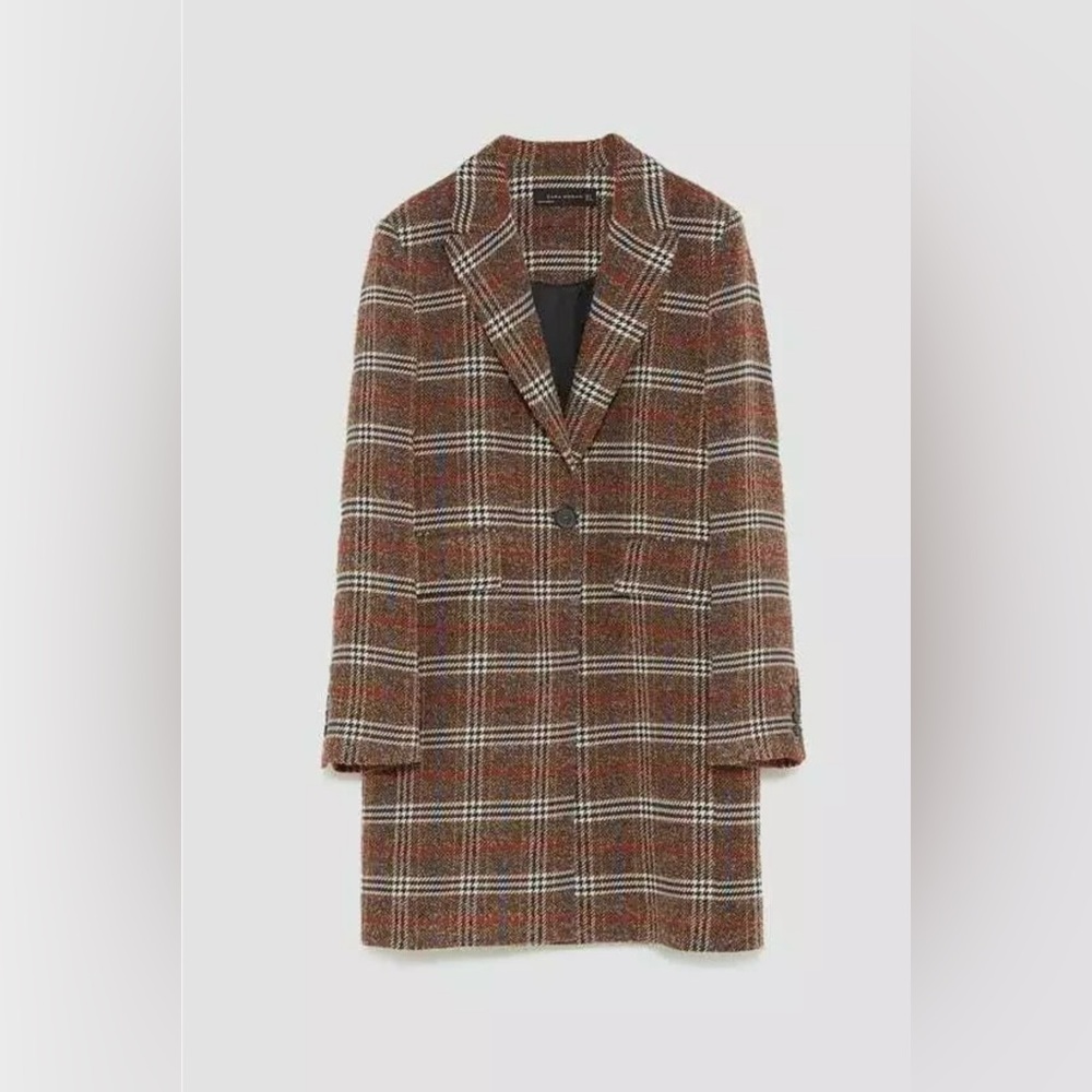 Zara Brown Checkered Coat with Red and Blue Accents